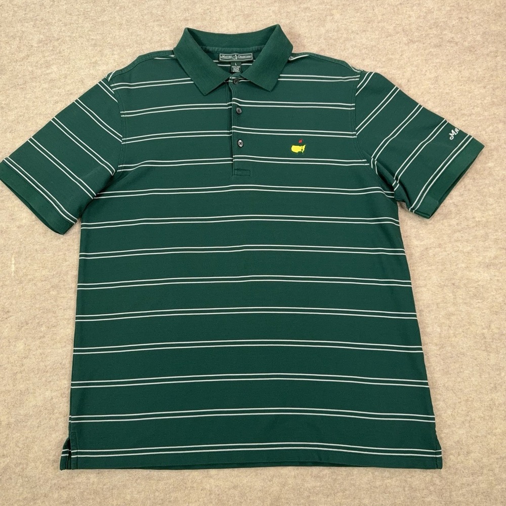 Masters Collection Golf Polo Shirt Mens L Green Stripe Pima Cotton Augusta Logo